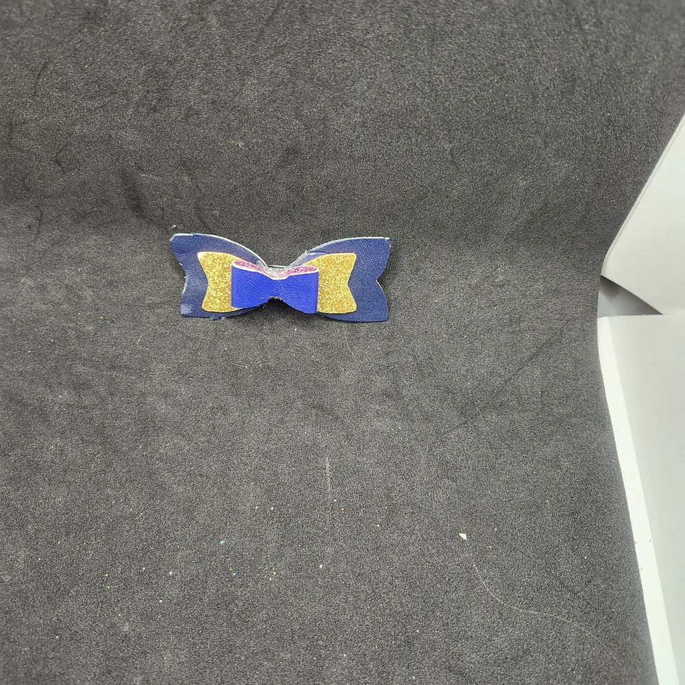 Handmade Blue & Gold Glitter Faux Leather Hair Bow Barrette Hair Clip